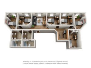 3D floor plan of a modern apartment with multiple rooms and furniture.