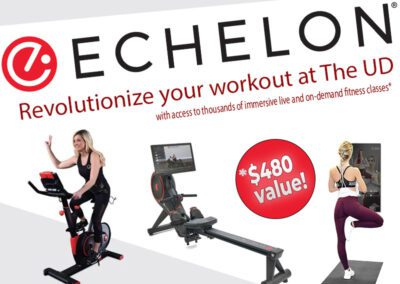 Woman using a rowing machine with workout revolution text.
